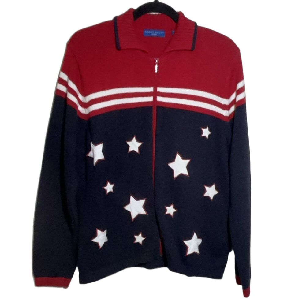 Karen Scott Sport Women's XL Zip Up Cardigan Sweater Striped USA Stars Cotton